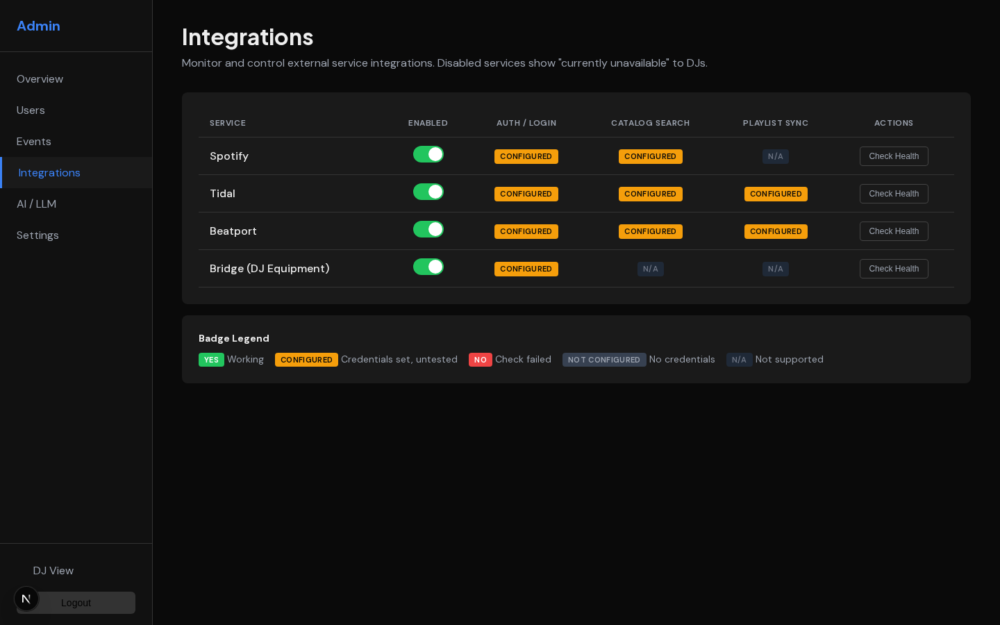 WrzDJ admin integrations dashboard with service toggles and health checks for Spotify, Tidal, Beatport, and Bridge