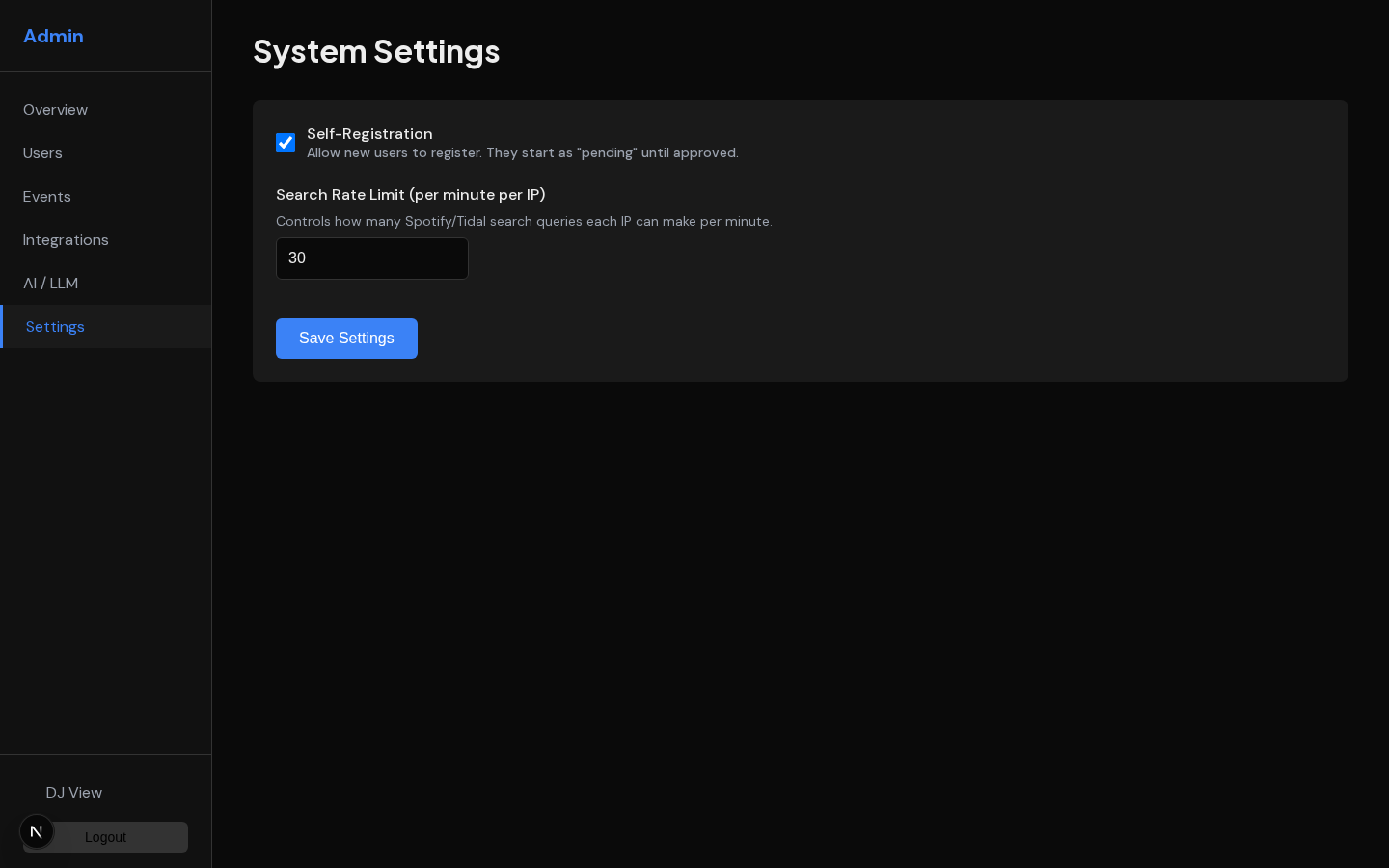 WrzDJ admin system settings for self-registration and search rate limiting