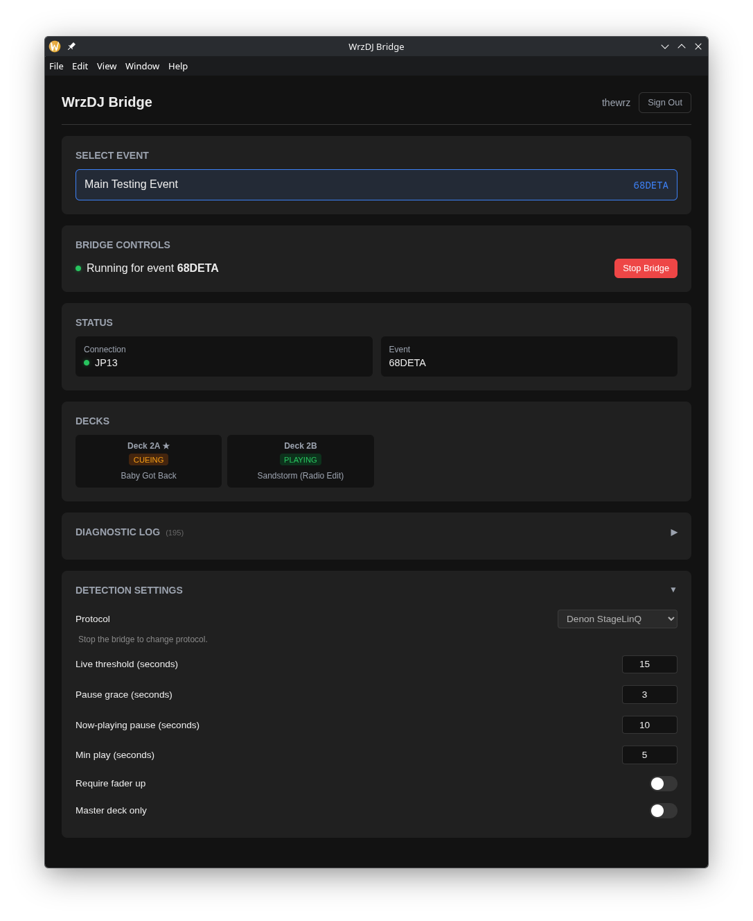 WrzDJ Bridge desktop app with event selection, live deck status, and detection settings