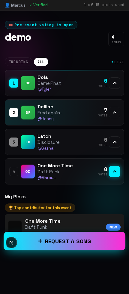 WrzDJ pre-event collect leaderboard on mobile with trending picks, my picks, and request CTA