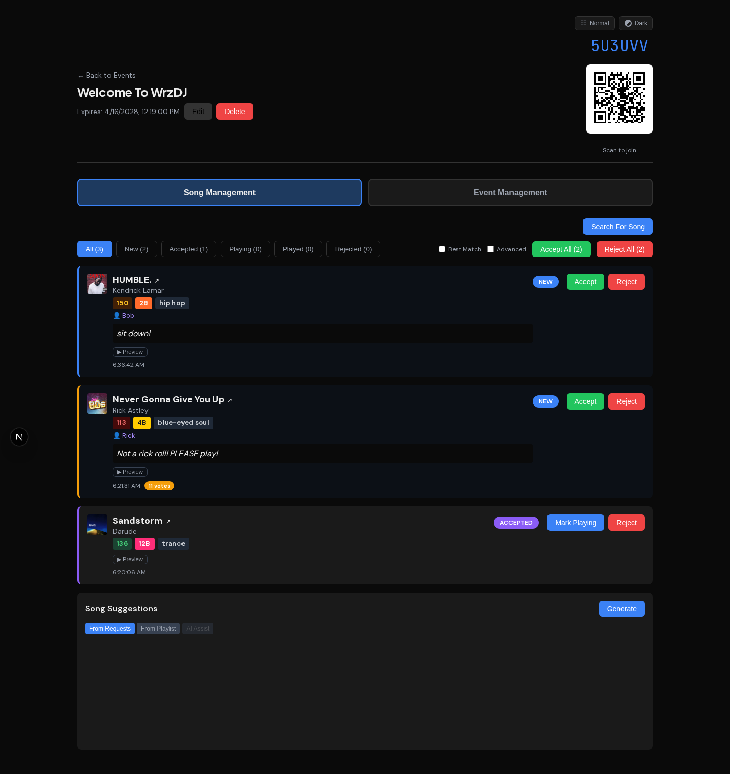 WrzDJ DJ Dashboard showing cloud provider status, activity log, and event overview