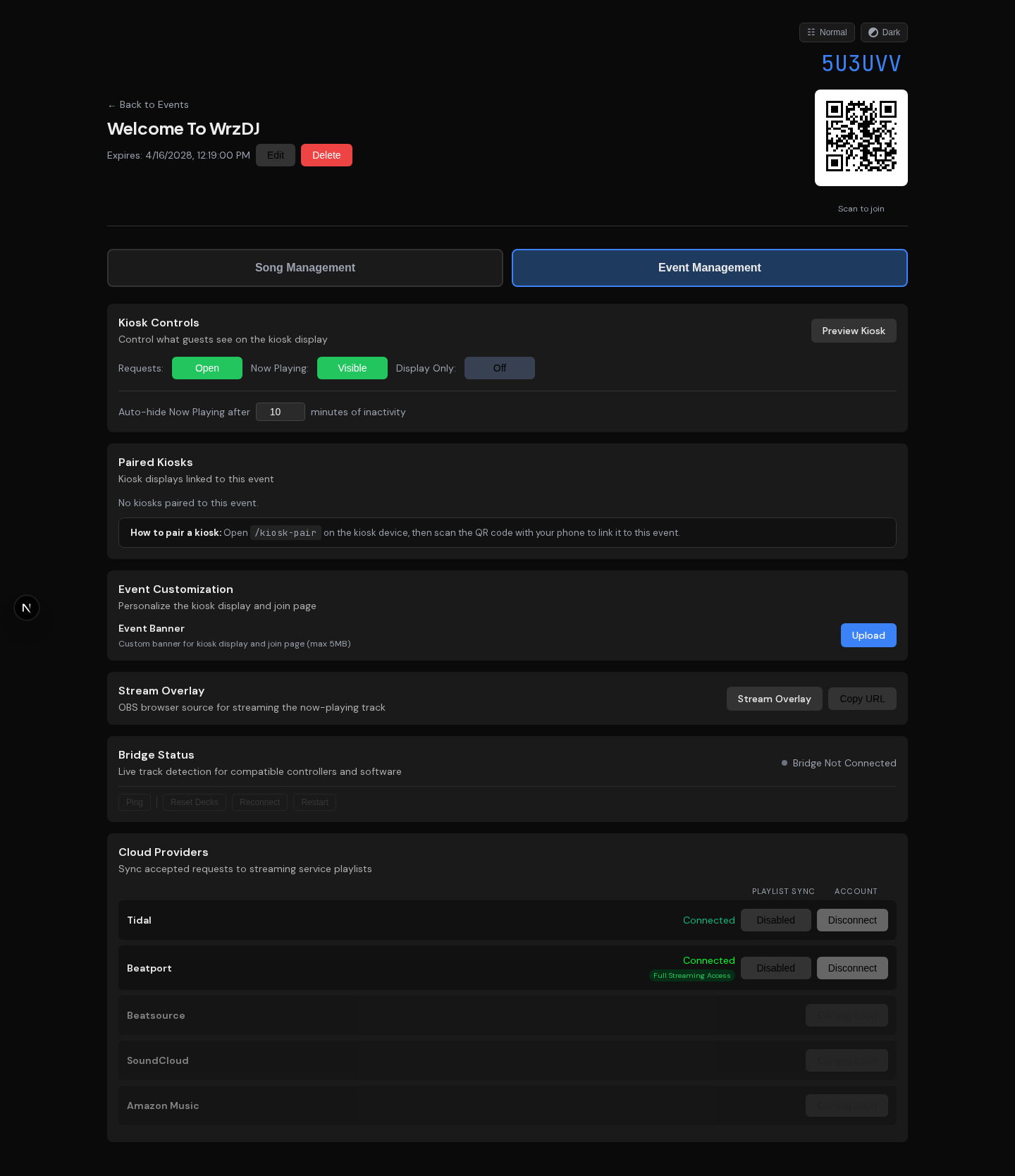 WrzDJ event management with song requests, BPM and key metadata, status filters, and song suggestions
