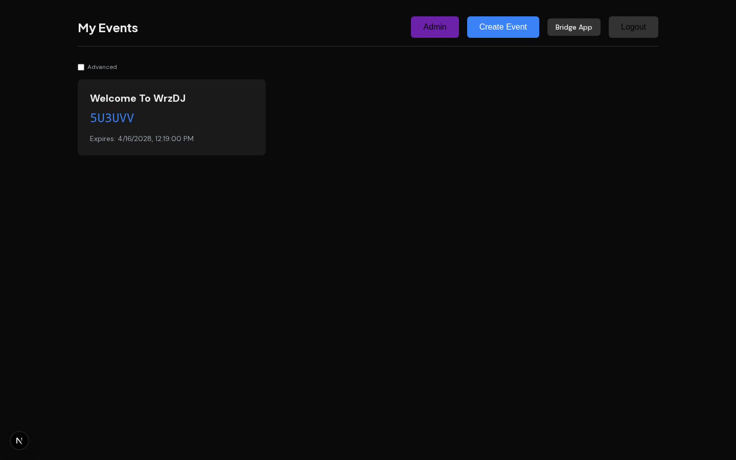 WrzDJ events list showing active events with guided tour