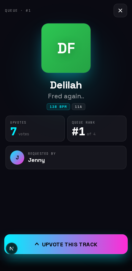 WrzDJ guest song detail sheet on mobile with BPM, key, queue rank, and gradient upvote CTA