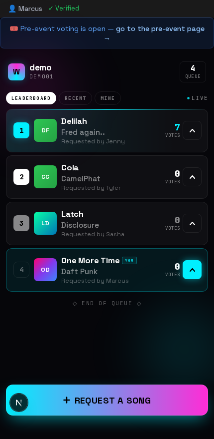 WrzDJ guest join page on mobile showing song requests with album art and voting