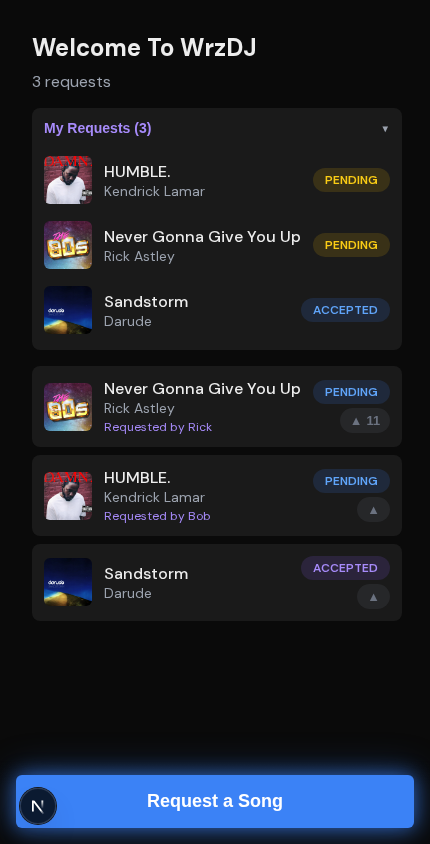 WrzDJ guest join page on mobile showing song requests with album art and voting