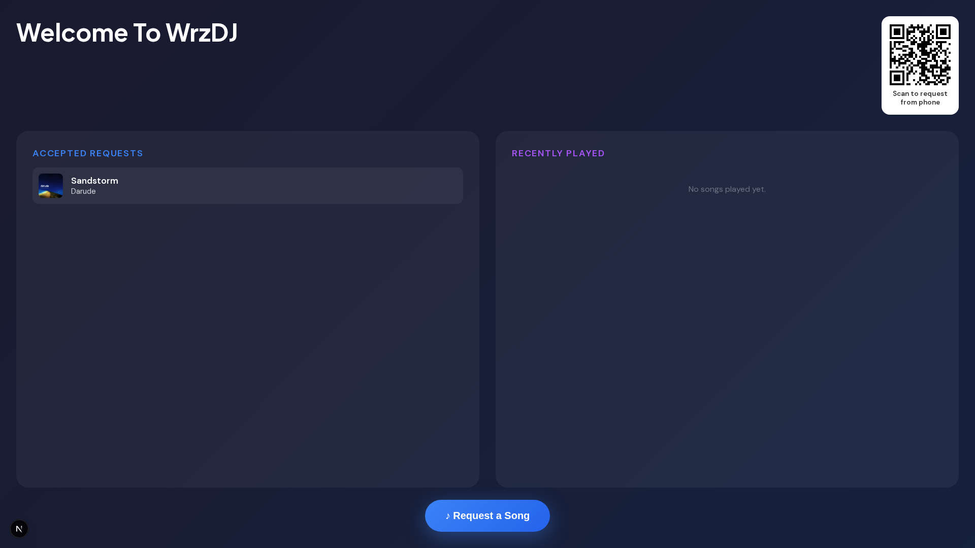 WrzDJ kiosk display with accepted requests, recently played tracks, and QR code